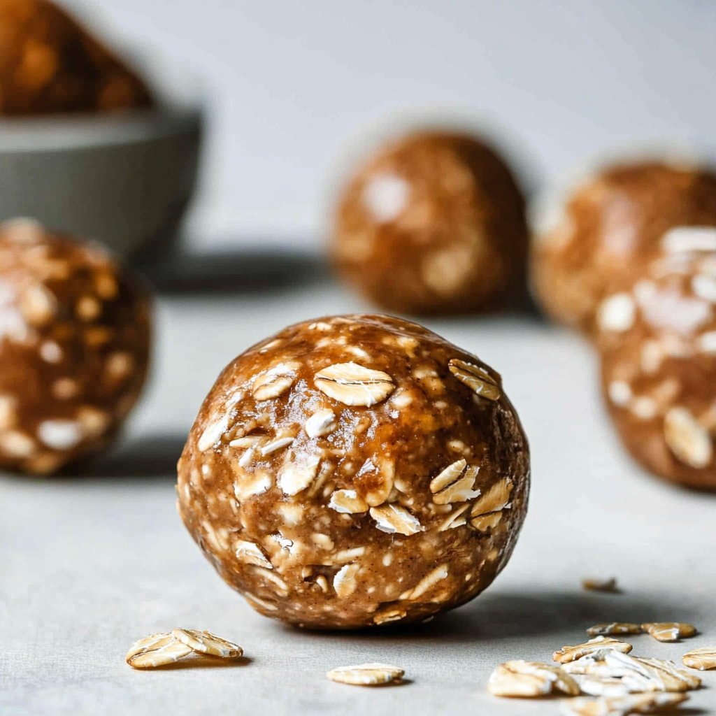 A plate of 3-ingredient peanut butter oatmeal balls, perfectly round and ready to eat, sitting on a rustic wooden table.