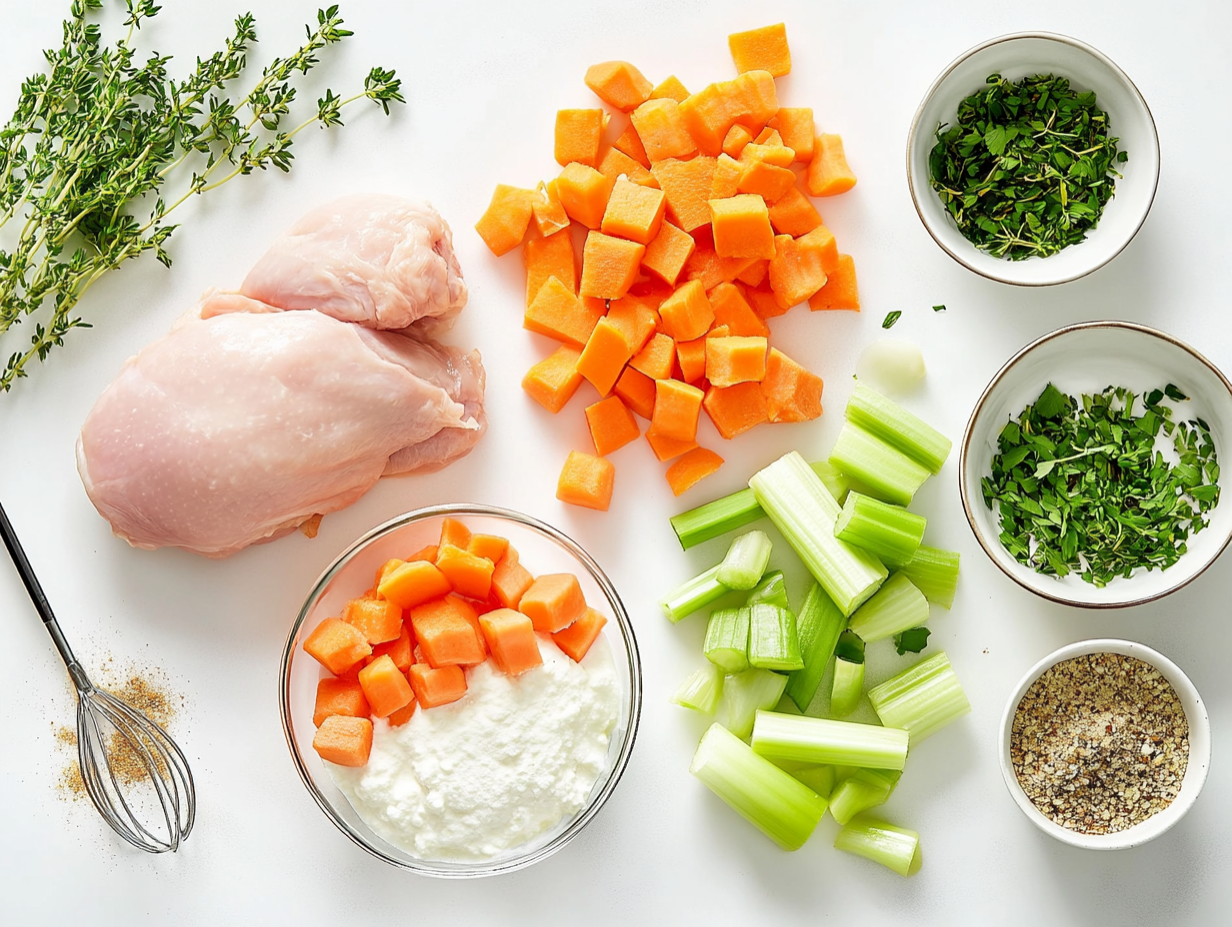 A close-up of the cooking process, showing a pot of creamy chicken soup base and a spoon about to drop fluffy dumpling dough into the broth.