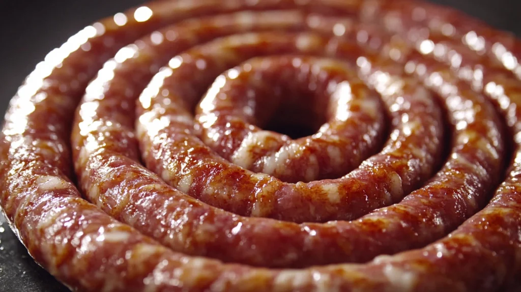 Homemade boerewors spiral with spices and grilled perfection.