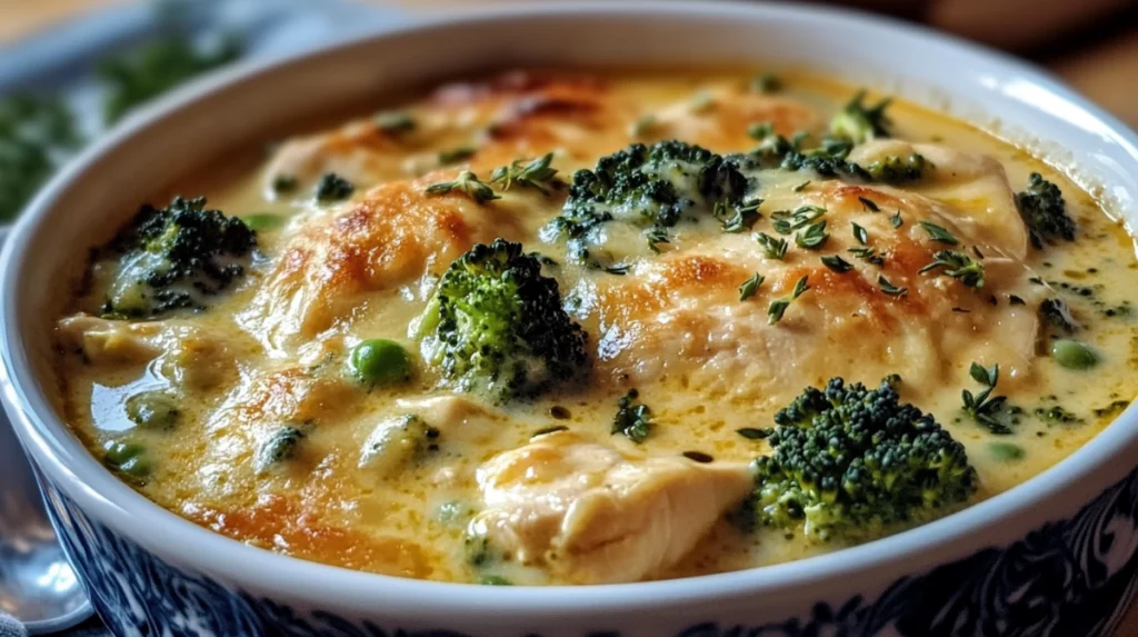 Creamy chicken broccoli cheddar soup in a bowl with fresh parsley garnish.