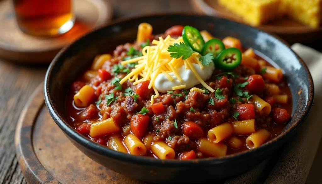 A hearty bowl of Chilli Con Carne with Macaroni, garnished with shredded cheese, fresh cilantro, and a dollop of sour cream, served in a rustic dish.