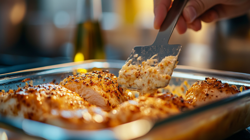 Chicken breast being coated with creamy Parmesan mixture in a glass dish."
Title: "Coating Chicken with Parmesan Mixture