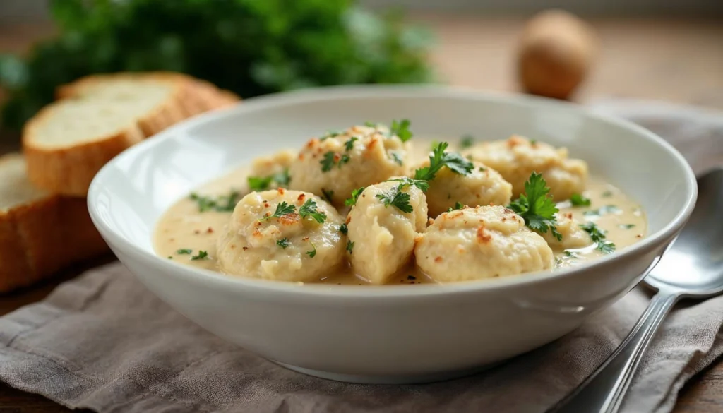 A plated serving of Bisquick chicken and dumplings in a rustic white bowl, garnished with fresh parsley and paired with crusty bread.