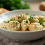 A plated serving of Bisquick chicken and dumplings in a rustic white bowl, garnished with fresh parsley and paired with crusty bread.