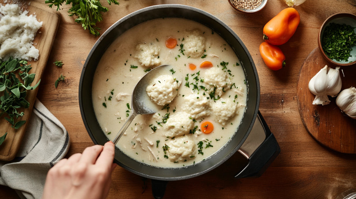 A close-up of the cooking process, showing a pot of creamy chicken soup base and a spoon about to drop fluffy dumpling dough into the broth.