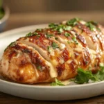 melt in your mouth chicken breast with creamy Parmesan coating on a rustic plate.