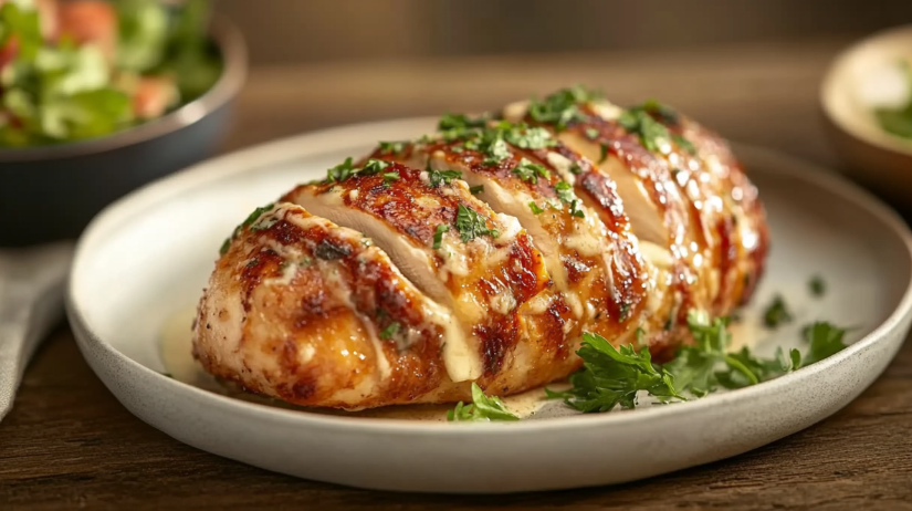 melt in your mouth chicken breast with creamy Parmesan coating on a rustic plate.