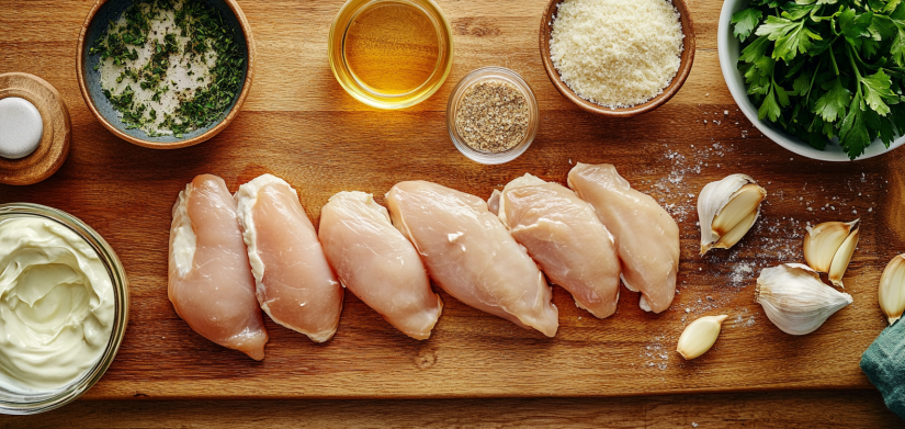 Raw chicken, Parmesan, mayonnaise, and spices arranged on a wooden countertop.