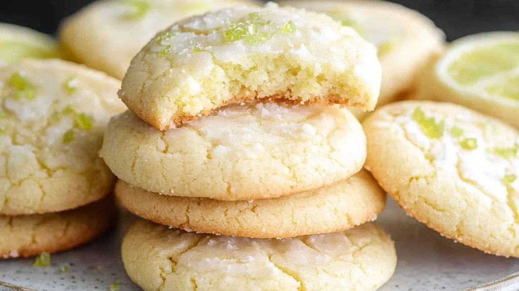 Key lime cookies on a plate garnished with lime zest and powdered sugar.