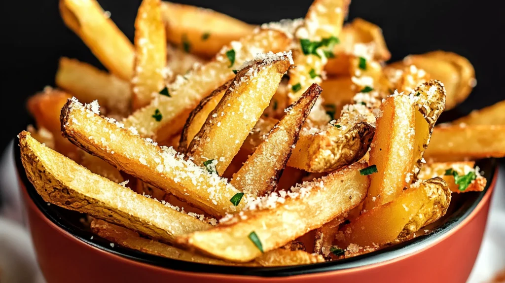 A bowl of crispy parmesan truffle fries garnished with fresh parsley and parmesan cheese on a wooden table.