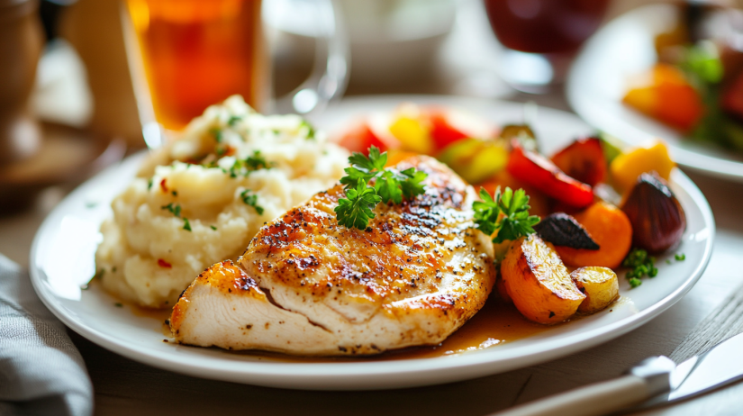 Golden-baked chicken breast with roasted vegetables and mashed potatoes."
Title: "Plated Chicken Dinner