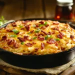 Golden pancake breakfast casserole with melted cheese and bacon crumbles served in a rustic dish.