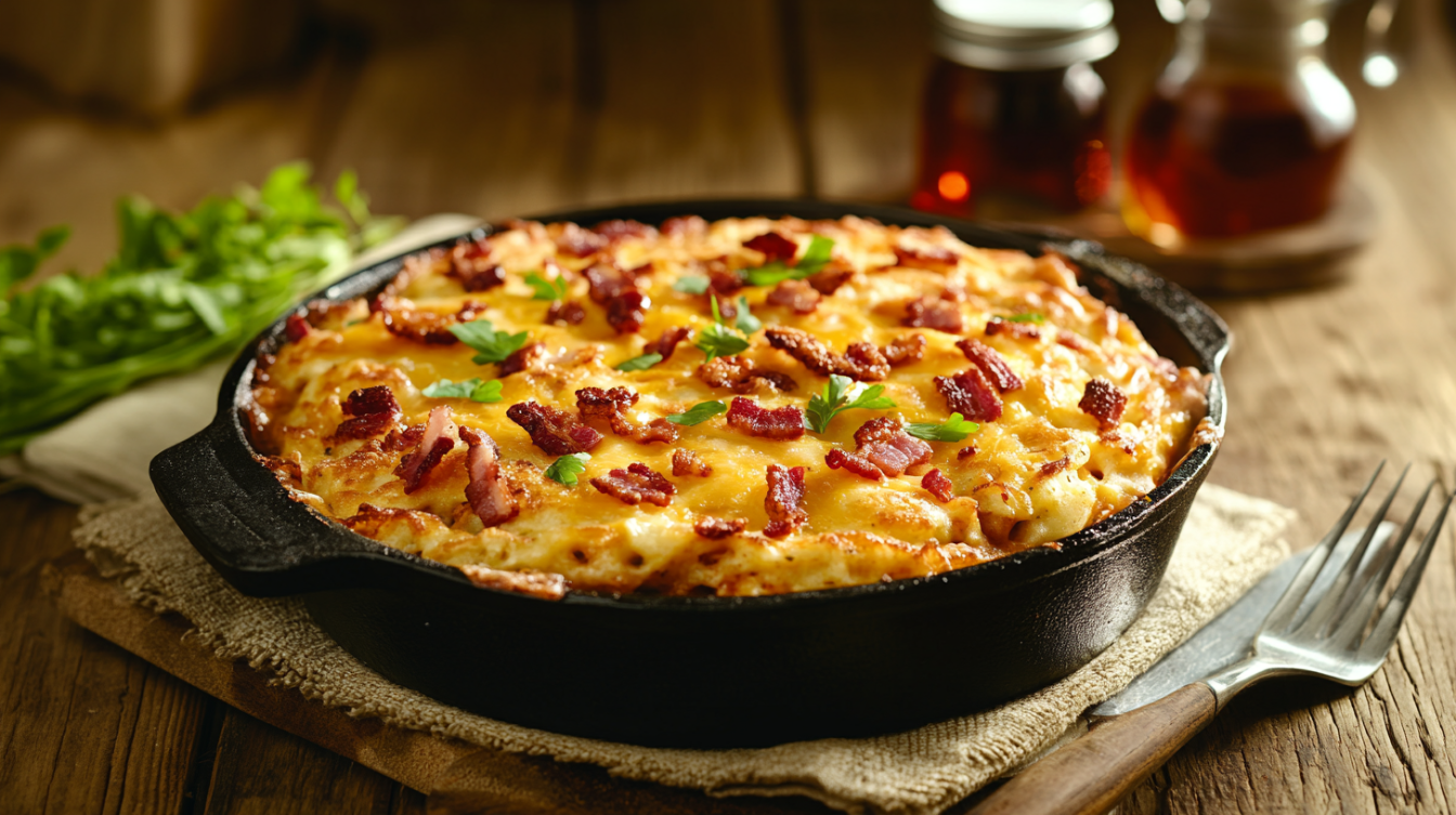 Golden pancake breakfast casserole with melted cheese and bacon crumbles served in a rustic dish.