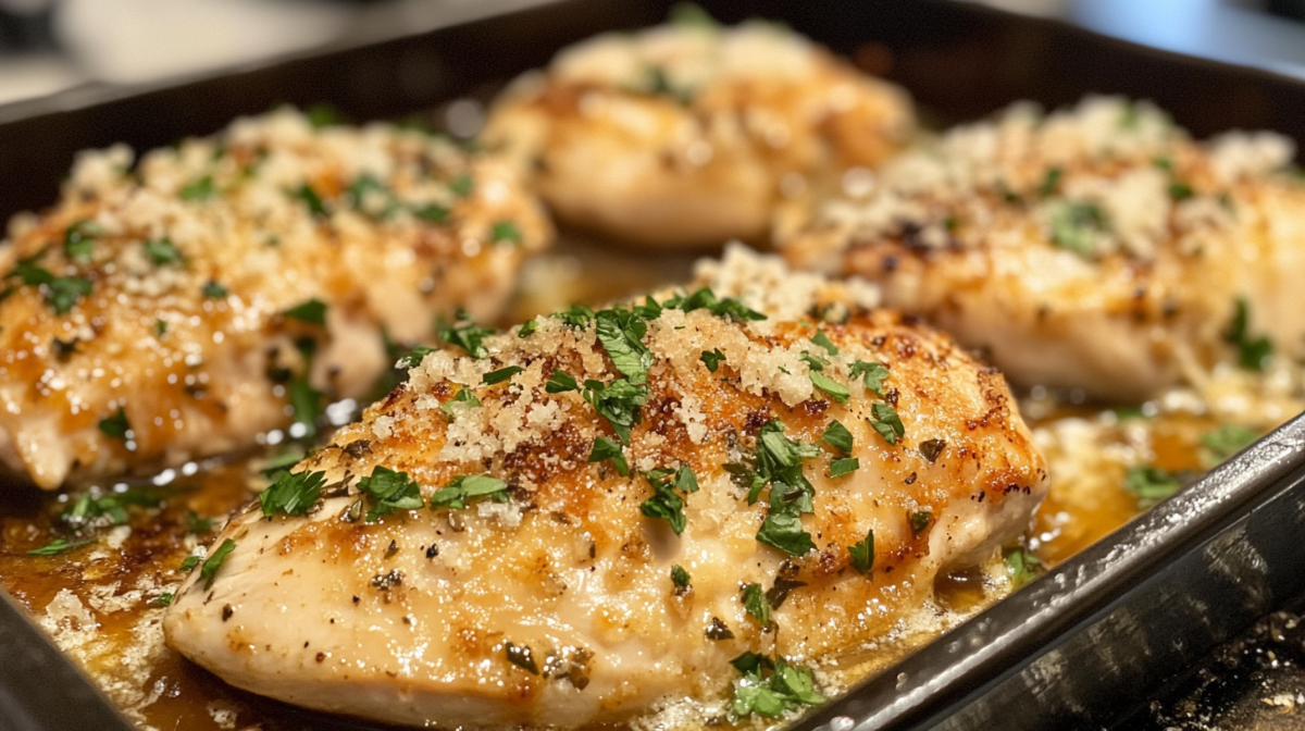 A plate of Slow-Cooker Garlic-Parmesan Chicken served with golden, herby potatoes and fresh parsley garnish.