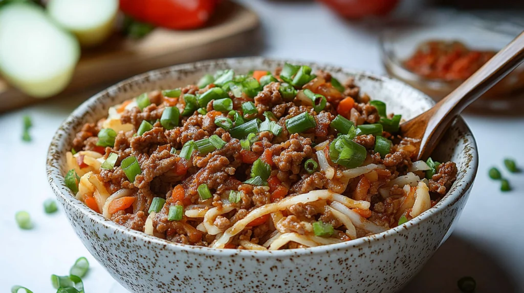 A colorful serving of Egg Roll in a Bowl Weight Watchers garnished with sesame seeds and green onions, showcasing its vibrant and healthy ingredients.