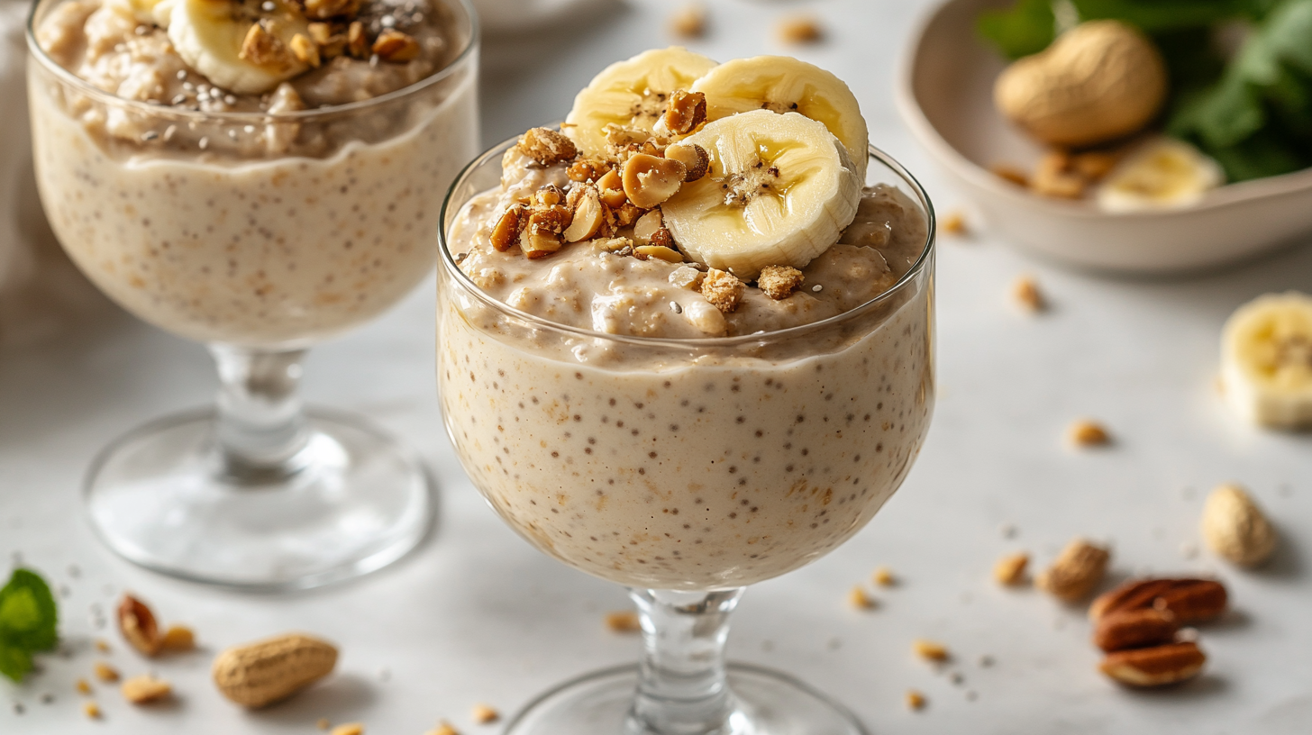 A mason jar of banana peanut butter oatmeal topped with fresh berries and granola