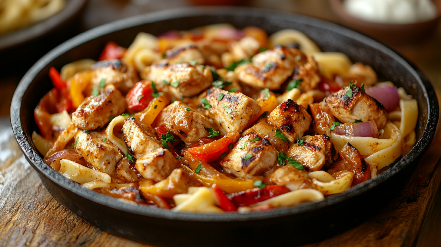 Creamy chicken fajita pasta served with bell peppers and cheese in a white bowl.