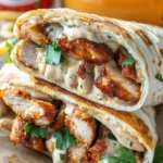 A close-up of freshly made Chicken Ranch Wraps filled with grilled chicken, shredded mozzarella, fresh lettuce, and creamy ranch dressing.