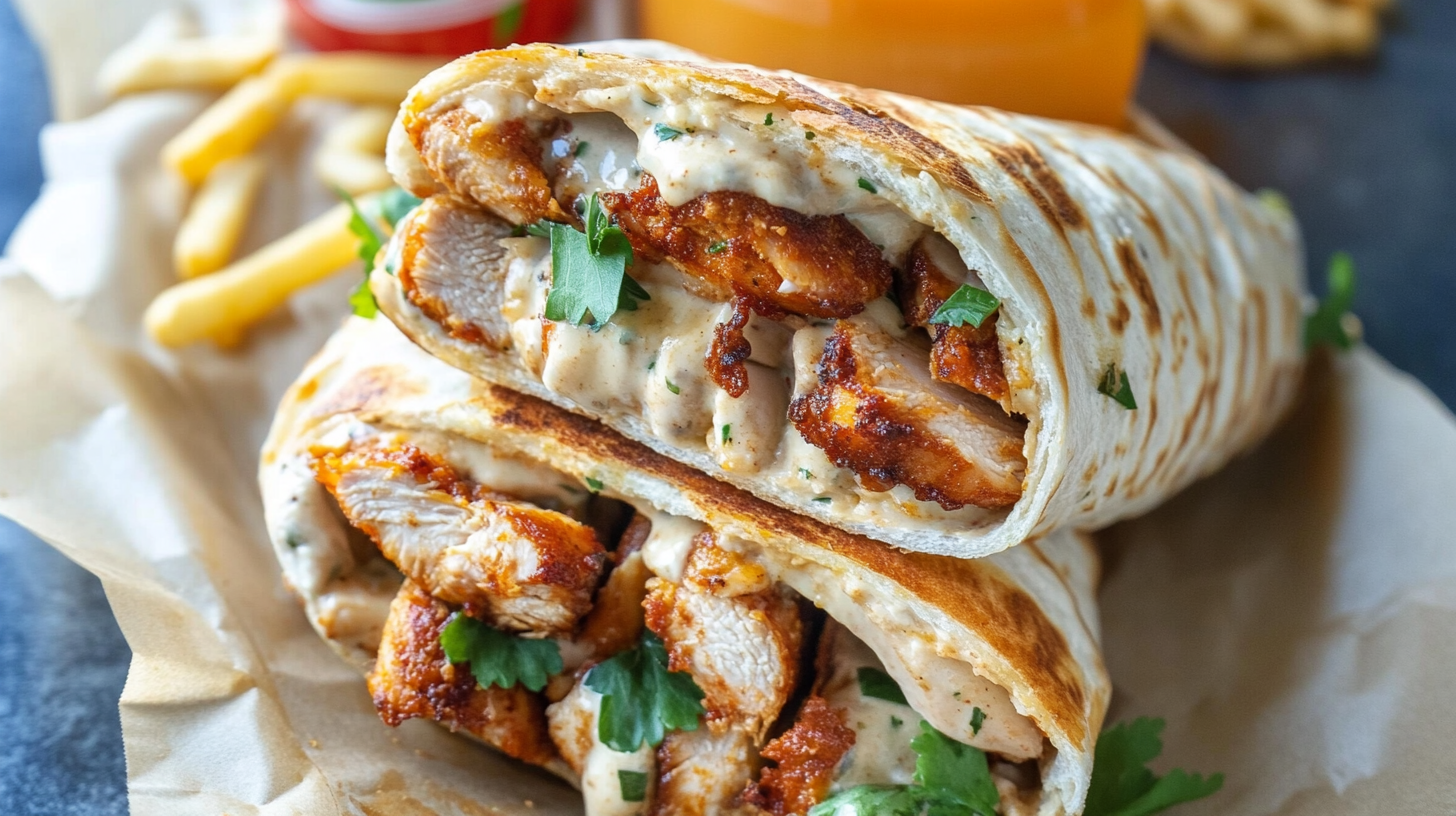 A close-up of freshly made Chicken Ranch Wraps filled with grilled chicken, shredded mozzarella, fresh lettuce, and creamy ranch dressing.