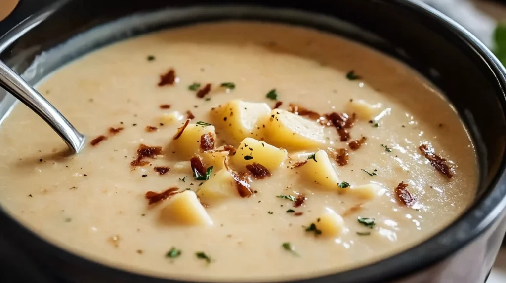 A bowl of creamy Crock Pot Crack Potato Soup topped with crispy bacon and fresh green onions, served warm and comforting.