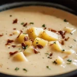 A bowl of creamy Crock Pot Crack Potato Soup topped with crispy bacon and fresh green onions, served warm and comforting.