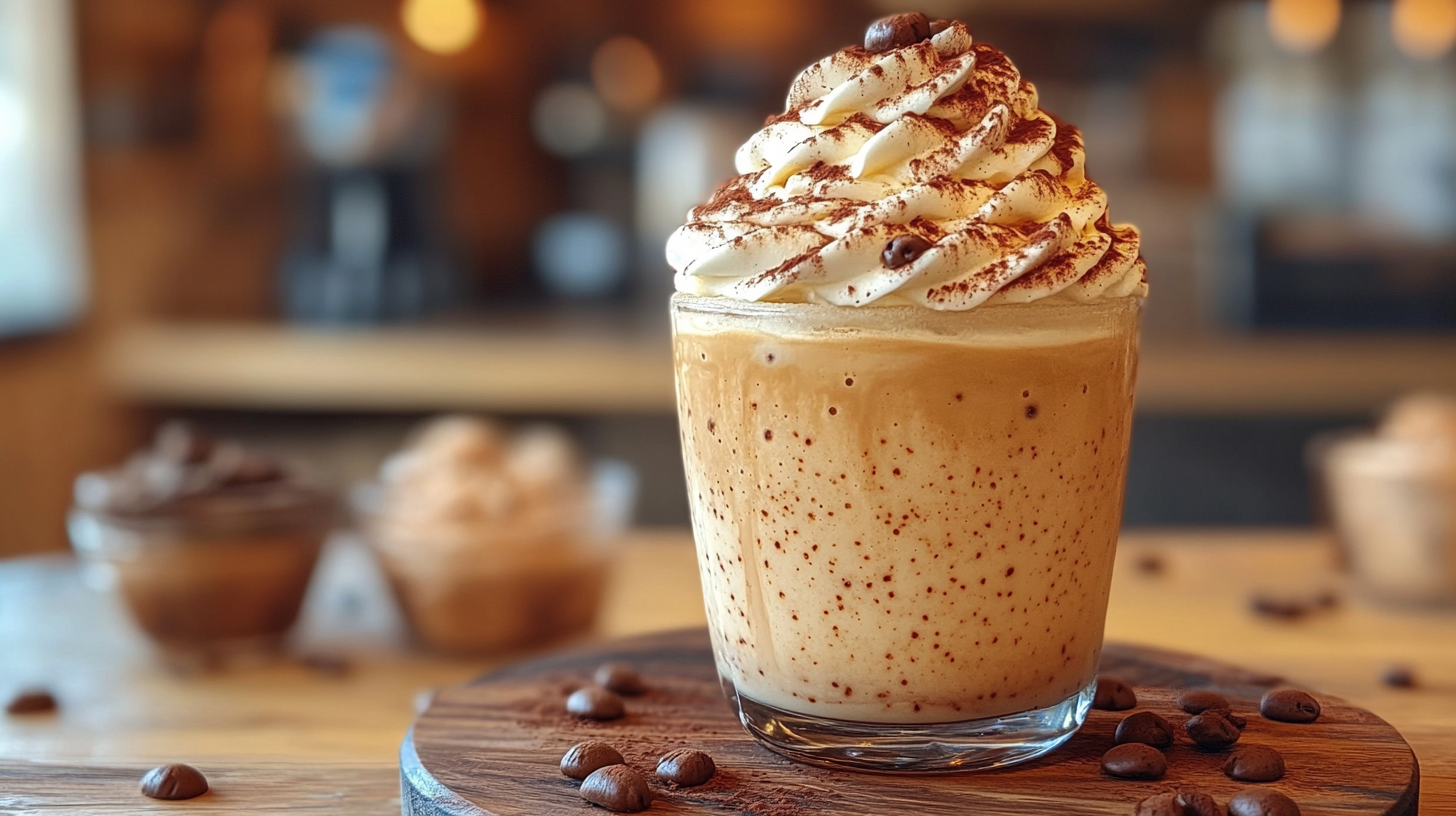 A tall glass of frozen cappuccino topped with whipped cream, chocolate shavings, and a caramel drizzle, served with a straw.