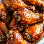 Crispy Honey Garlic Chicken Wings glazed with sticky sauce and garnished with sesame seeds and green onions.