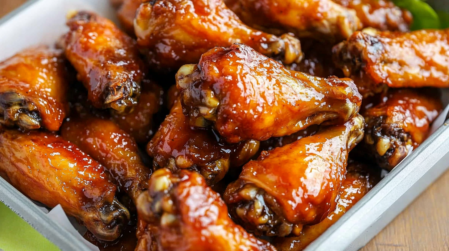 Crispy Honey Garlic Chicken Wings glazed with sticky sauce and garnished with sesame seeds and green onions.