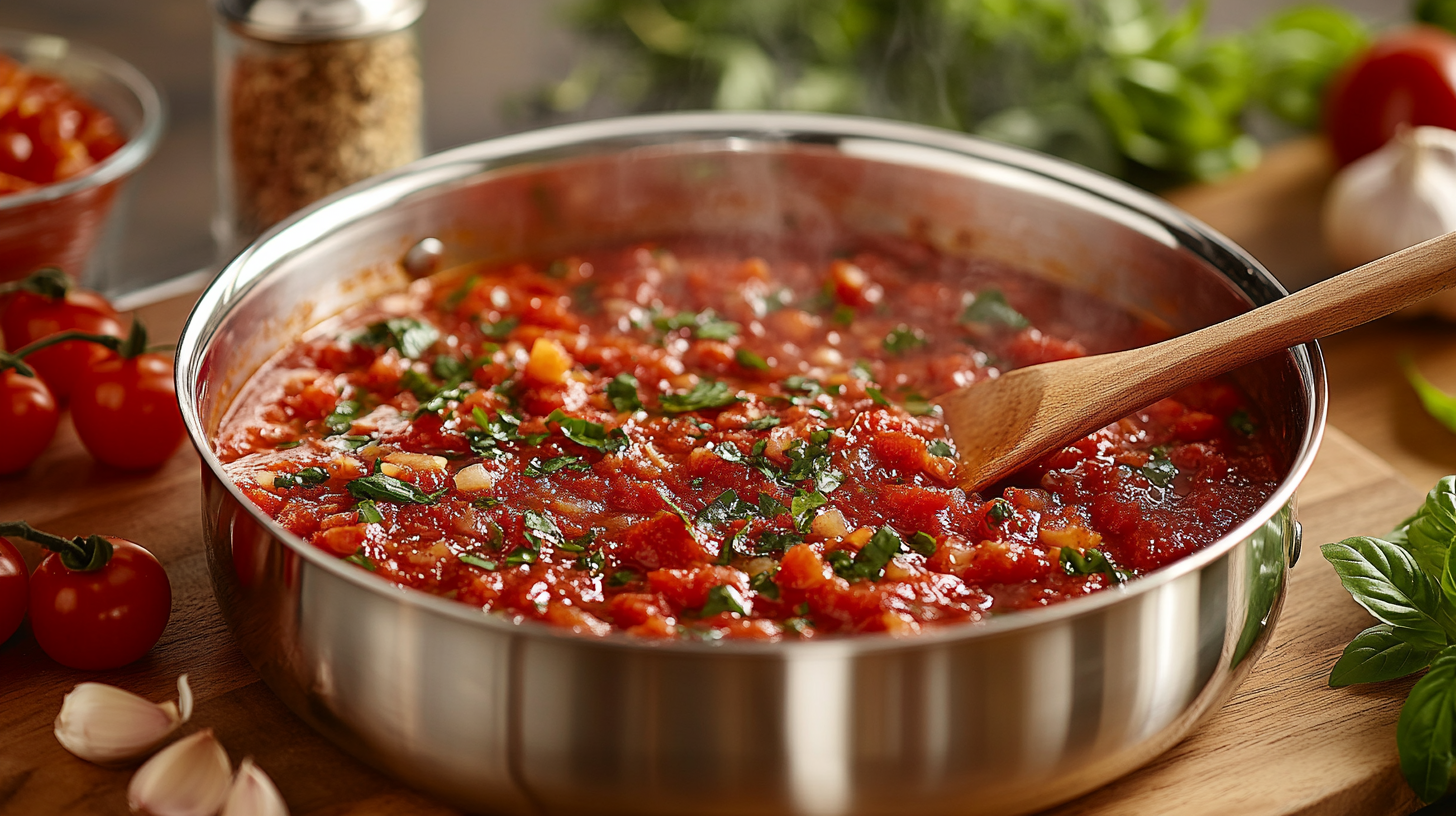 A saucepan simmering with vibrant marinara sauce, a wooden spoon stirring gently, with fresh basil leaves and diced tomatoes on the counter nearby.