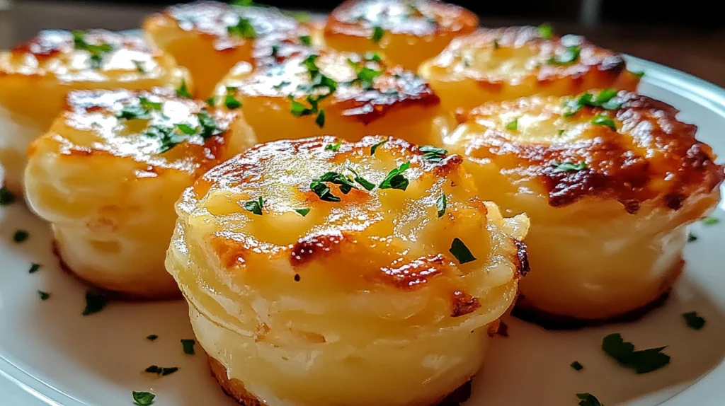 Golden brown mashed potato puffs in a muffin tin, topped with crispy parmesan cheese and garnished with fresh chives.