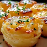 Golden brown mashed potato puffs in a muffin tin, topped with crispy parmesan cheese and garnished with fresh chives.