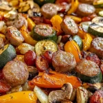 Close-up of roasted Sheet Pan Sausage and Veggies with caramelized edges, featuring vibrant vegetables and juicy sausages.