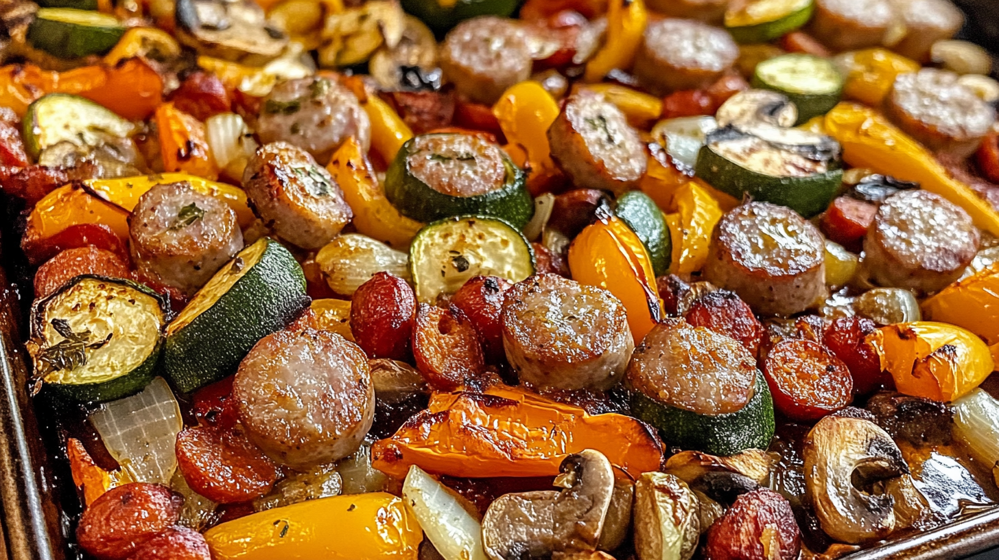 Close-up of roasted Sheet Pan Sausage and Veggies with caramelized edges, featuring vibrant vegetables and juicy sausages.