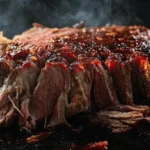 Juicy smoked chuck roast sliced on a cutting board