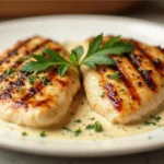 Plated Marry Me Chicken with creamy sauce and parsley garnish on a rustic table.