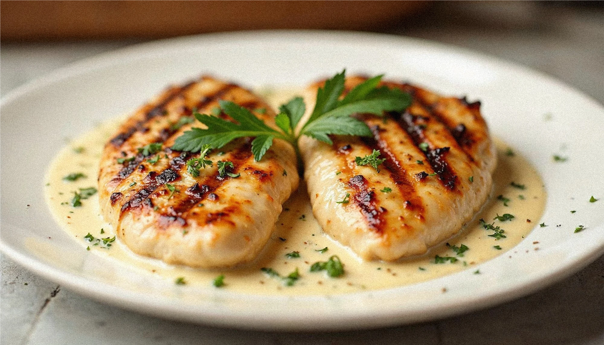 Plated Marry Me Chicken with creamy sauce and parsley garnish on a rustic table.