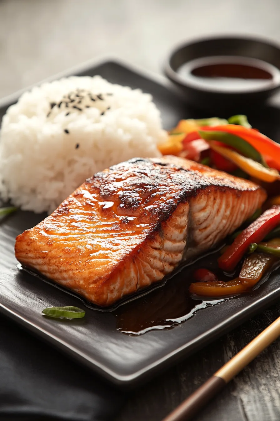 A golden-brown air-fried miso-glazed salmon fillet resting on parchment paper inside an air fryer basket, steam rising, with its caramelized surface glistening under soft lighting.