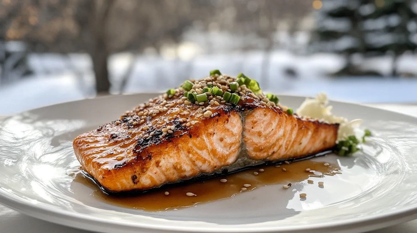 Perfectly cooked Air Fryer Miso-Glazed Salmon served with sesame seeds and green onions on a white plate.