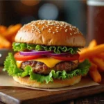 Juicy air fryer turkey burger with cheddar, lettuce, and tomato served on a brioche bun.