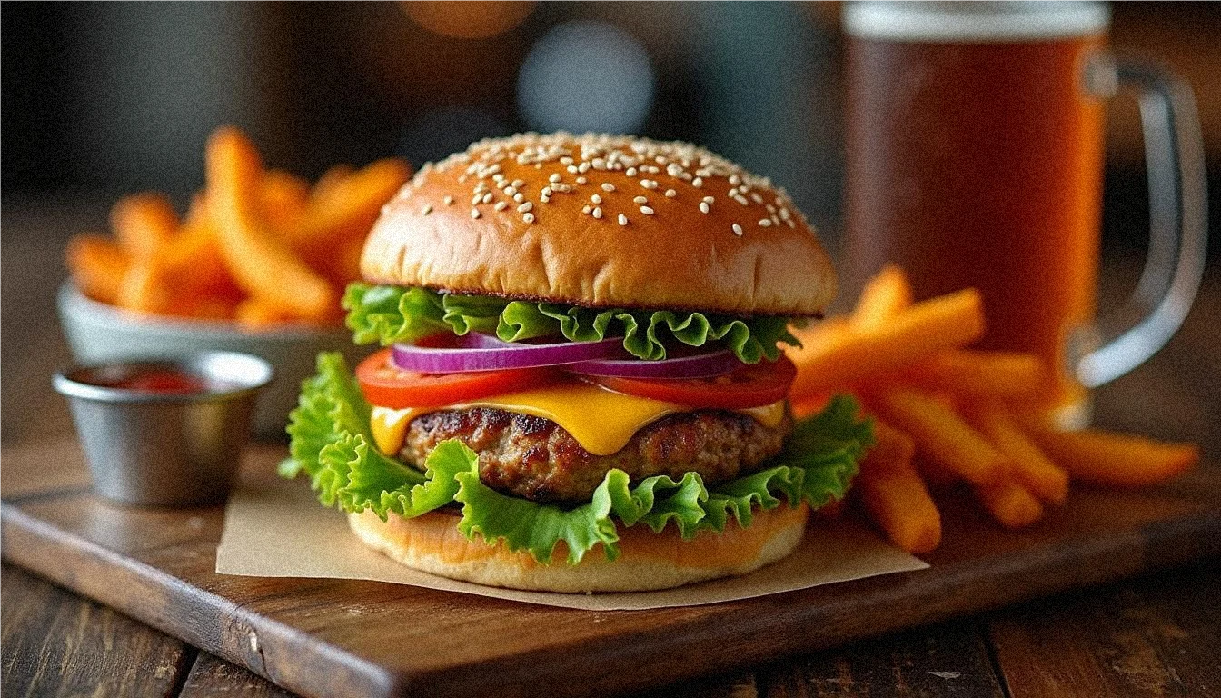 Juicy air fryer turkey burger with cheddar, lettuce, and tomato served on a brioche bun.