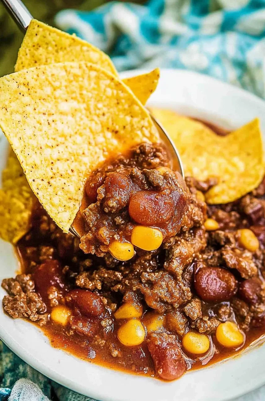 Overhead shot of chili being layered over Fritos in a rustic baking dish for Frito Chili Pie.