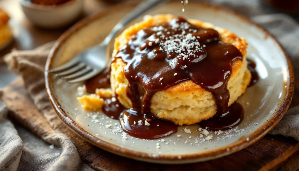 Fluffy biscuits smothered in rich chocolate gravy, ready to enjoy.