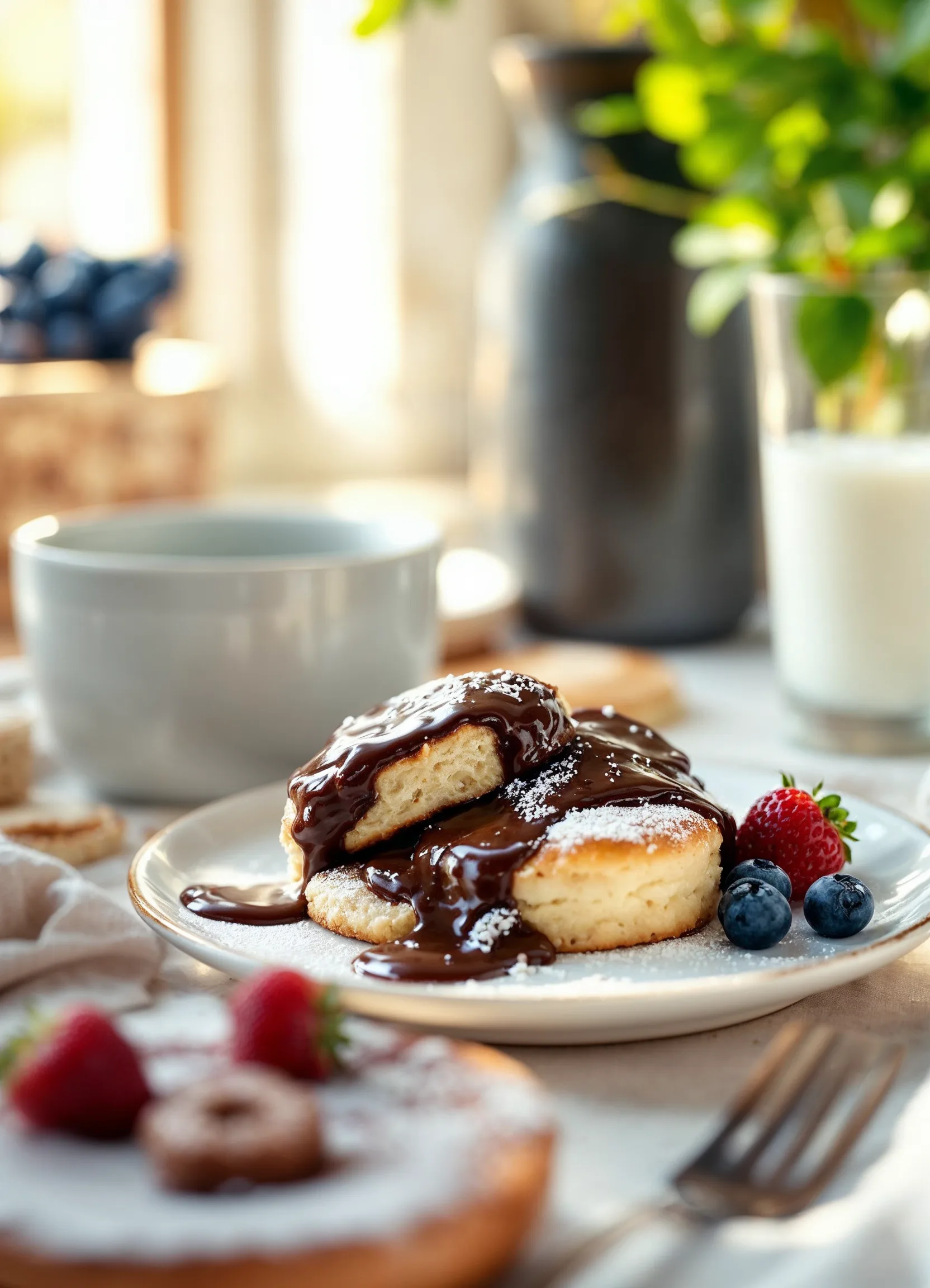 Plated breakfast with biscuits smothered in chocolate gravy, garnished with powdered sugar and berries.