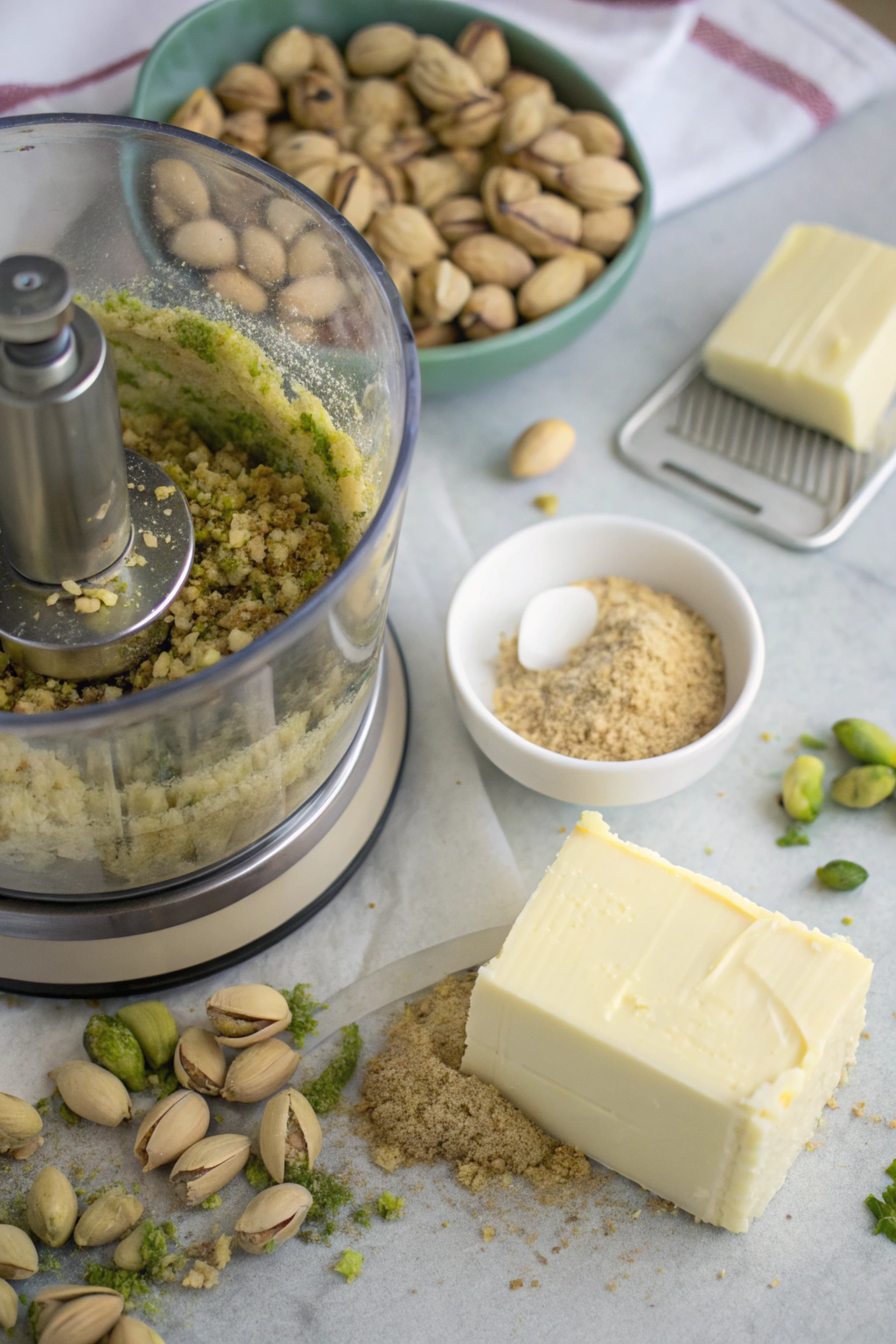 Food processor blending pistachios into creamy butter