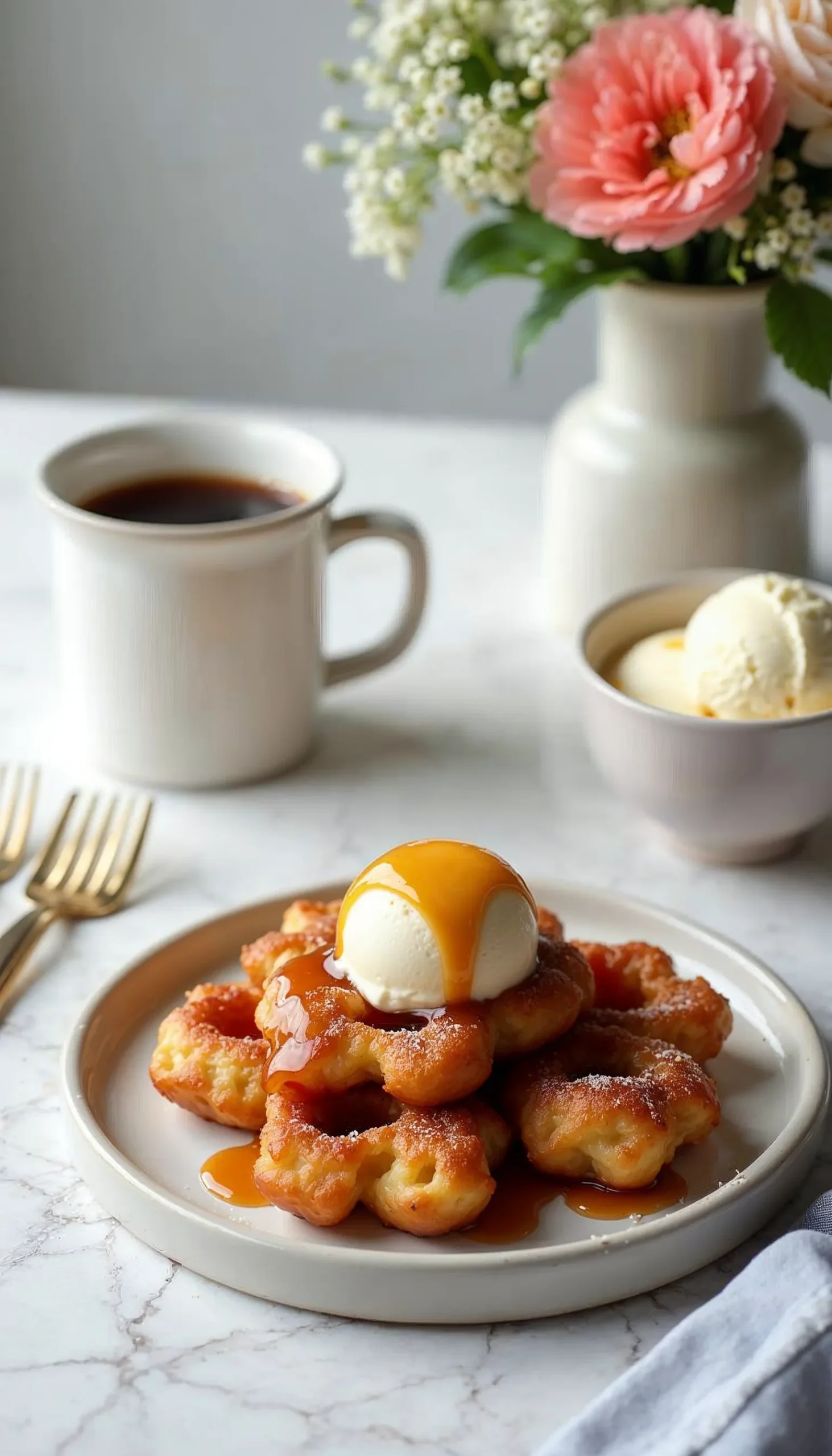 A brunch table with baked apple fritters, ice cream, and caramel sauce, styled with coffee and flowers.