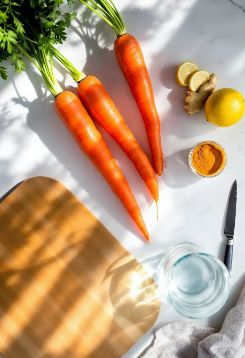 Freshly washed carrots on a cutting board, being peeled with a vegetable peeler, alongside a small bowl of water and scrub brush.