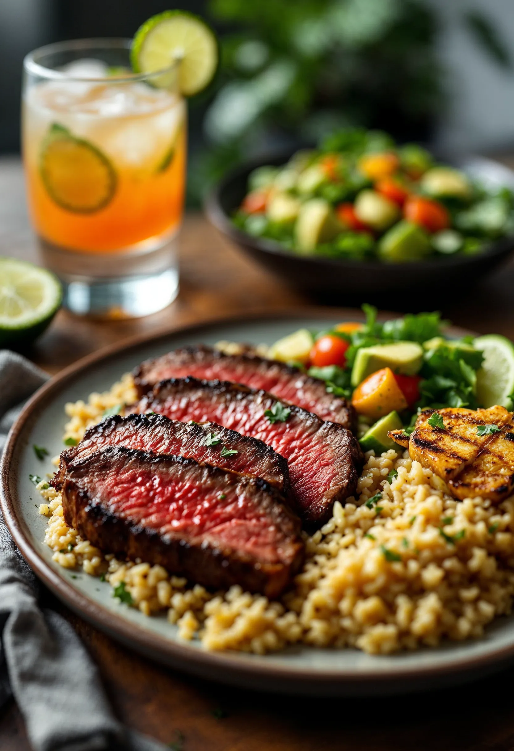 Chipotle steak served with cilantro lime rice, vegetables, and avocado salad.