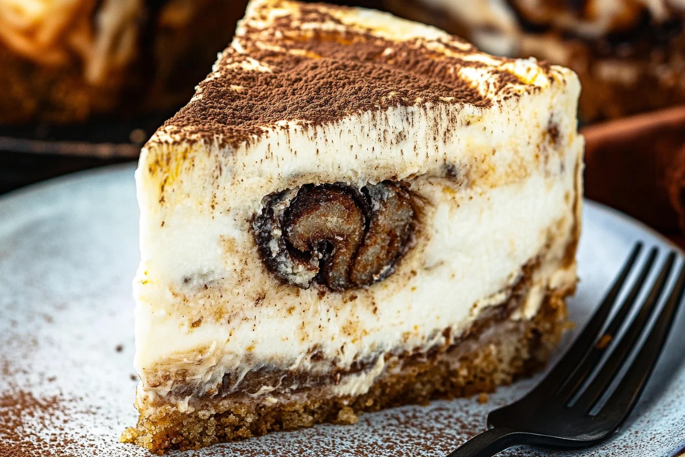 Cinnamon Roll Cheesecake slice on a plate with cream cheese