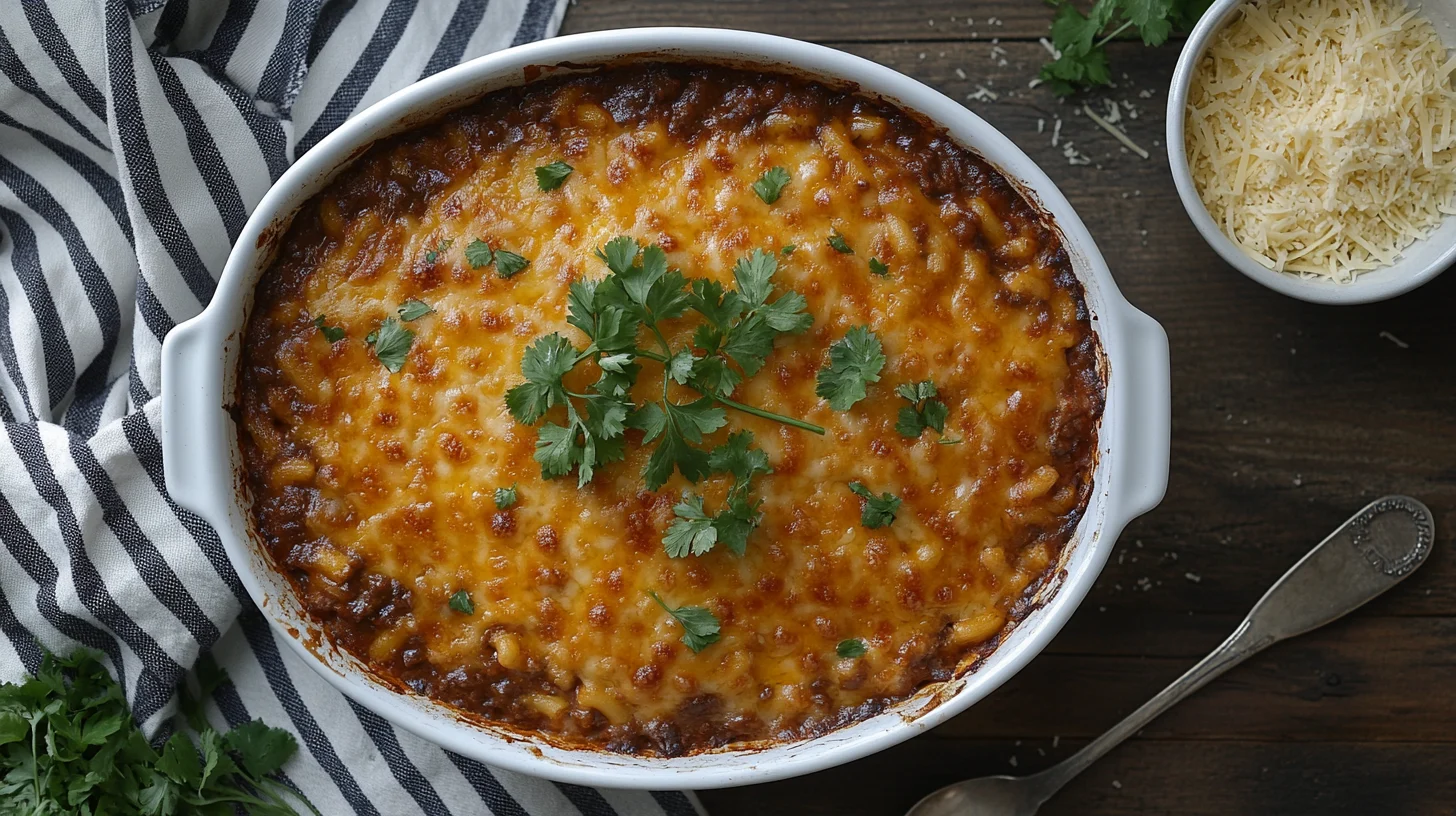 Freshly baked Beefaroni casserole in a white dish, topped with bubbling melted cheese and garnished with parsley.