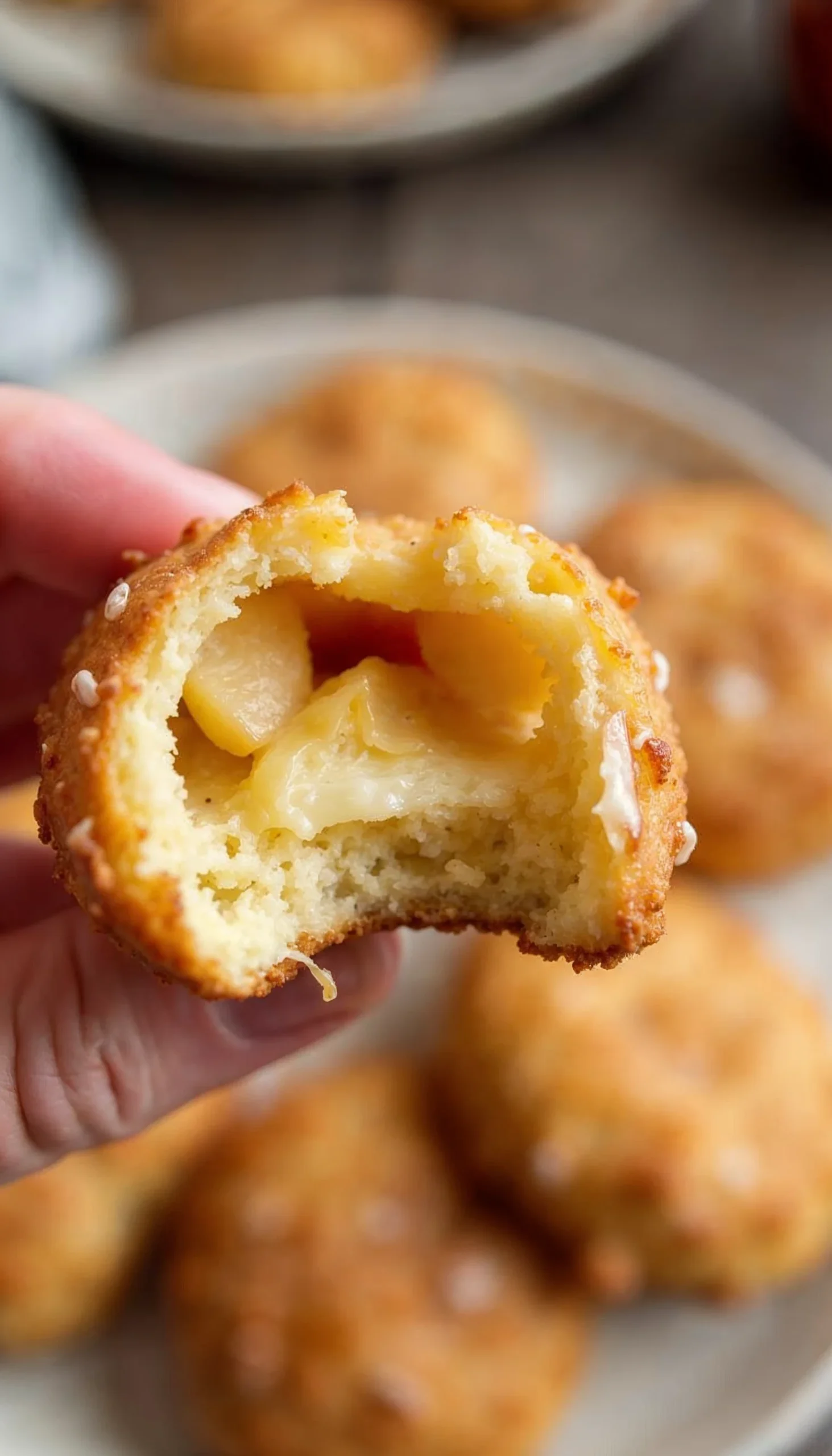 Close-up of a baked apple fritter with a bite taken out, showing the soft, apple-filled center.